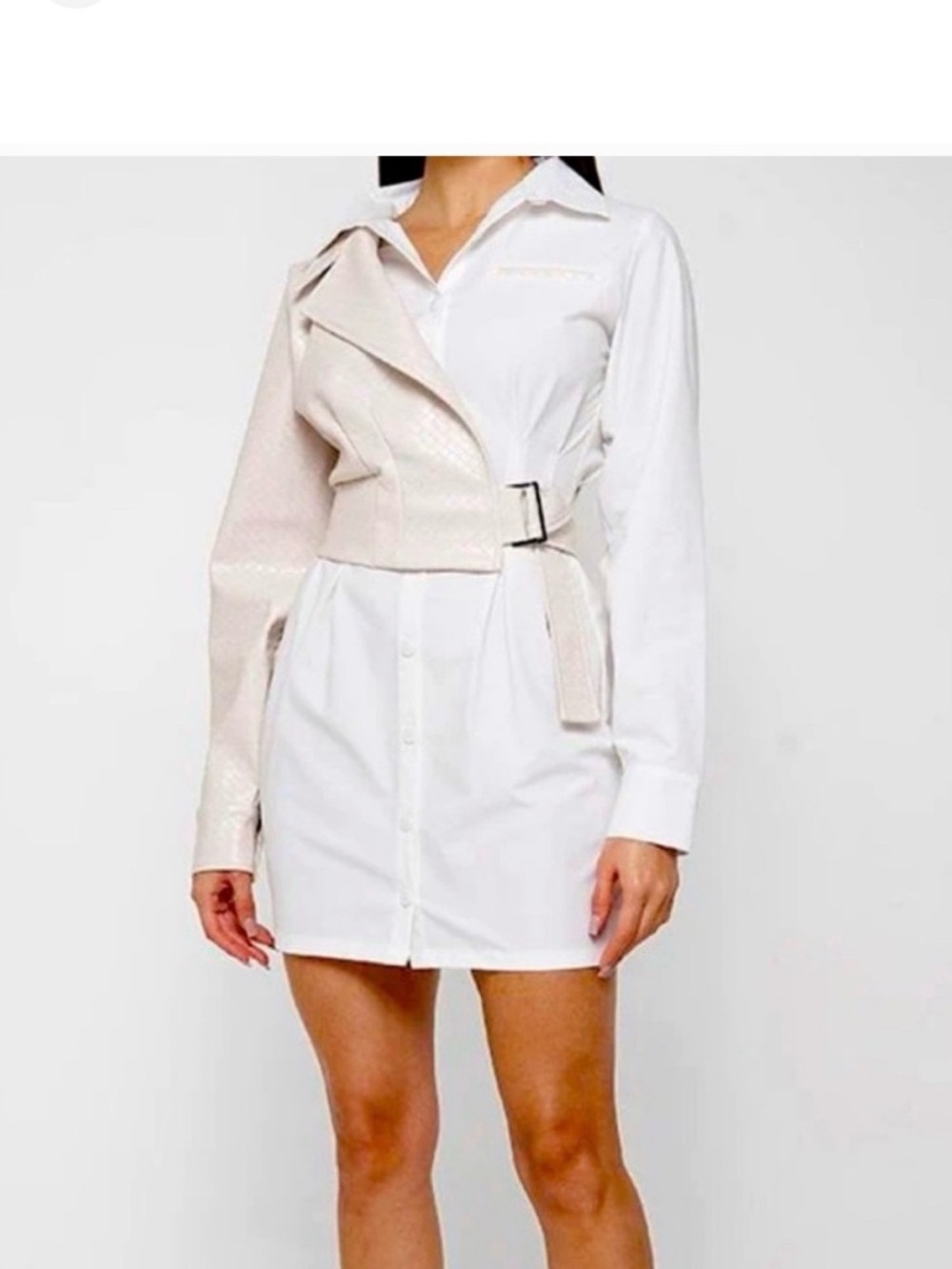 Maniere De Voir White Long Sleeve Shirt Dress with Beige Asymmetric Overlay